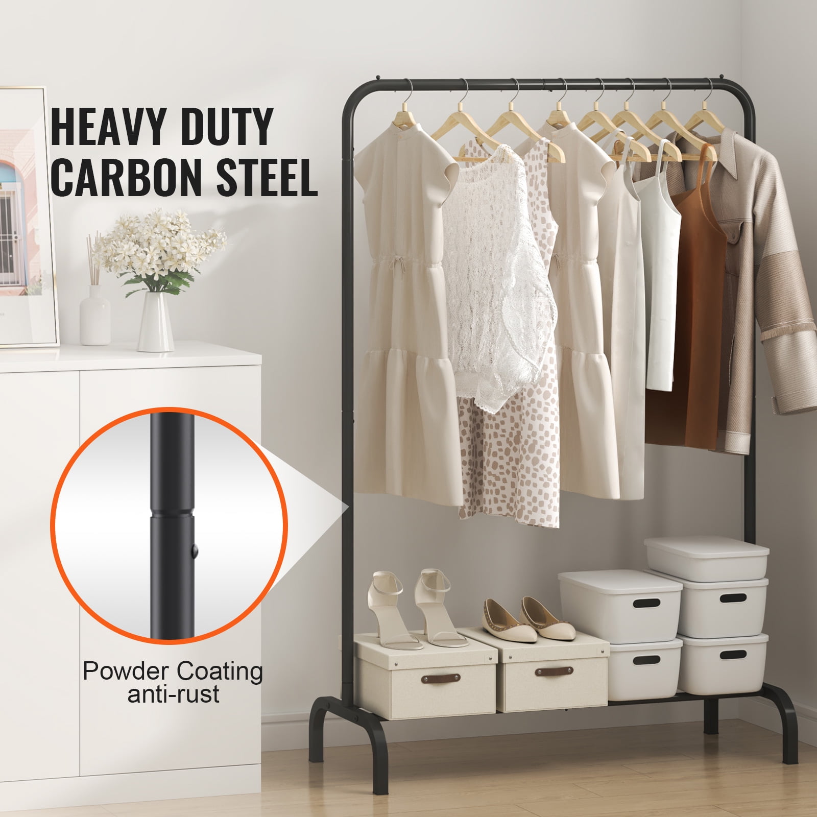 VEVOR Clothes Rack Heavy Duty Clothing Garment Rack with Hanging Rod and Lower Storage Bedroom Black