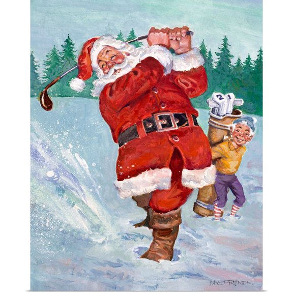 Great BIG Canvas | Rolled Hal Frenck Poster Print entitled Snow Golfing Santa