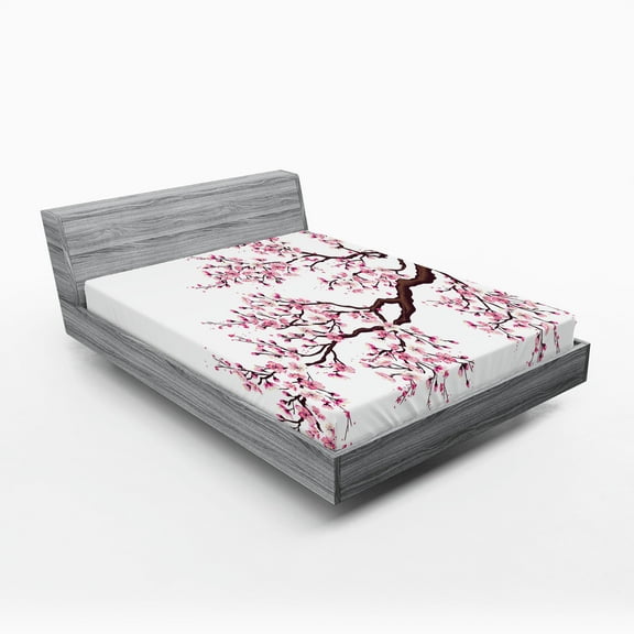 Ambesonne Japanese Fitted Sheet, Sakura Branch Blossoms, Full Size, Pink Dark Brown