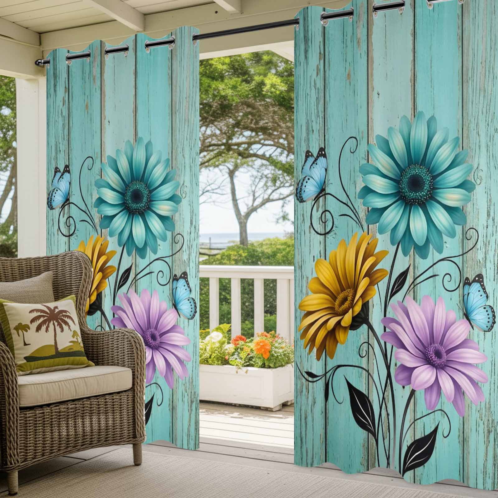 Vintage Flower Outdoor Curtains for Patio, Yellow Purple Daisy Blue Butterfly Green Wood Grain Sunshade Privacy Drapes Grommet Waterproof Outside Curtains for Porch/Cabana/Balcony 54"x 108", 1 Panel