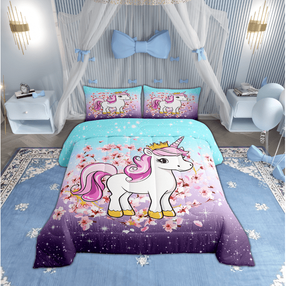 Manfei Magic Unicorn Animal Bedding Comforter Set, Dreamy Bling Stars Galaxy Twin Comforter Sets, Teen Boy Girl Kid Bedding Set, Breathable Home Decor, 2pcs