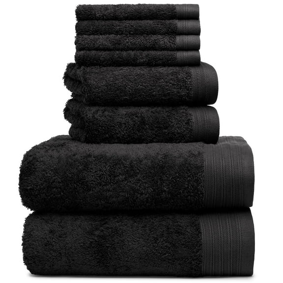 Premium 8 Pieces Towel Set including 2 Bath Towels 30" x 56", 2 Hand Towels 18" x 30" and 4 Washcloths 13" x 13" - Color: Black |100% Cotton |Machine Washable high Absorbency