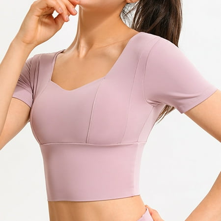 

LeKY Yoga Tops Short Sleeve Breathable Nylon Bulid in Bra Workout Sport Shirts for Women Green Grey XL
