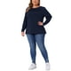 thumbnail image 2 of Blusa de mujer de talla grande Agnes Orinda con detalles de pliegues frontales, cuello redondo, manga larga, camiseta básica casual 1X azul marino, 2 of 6