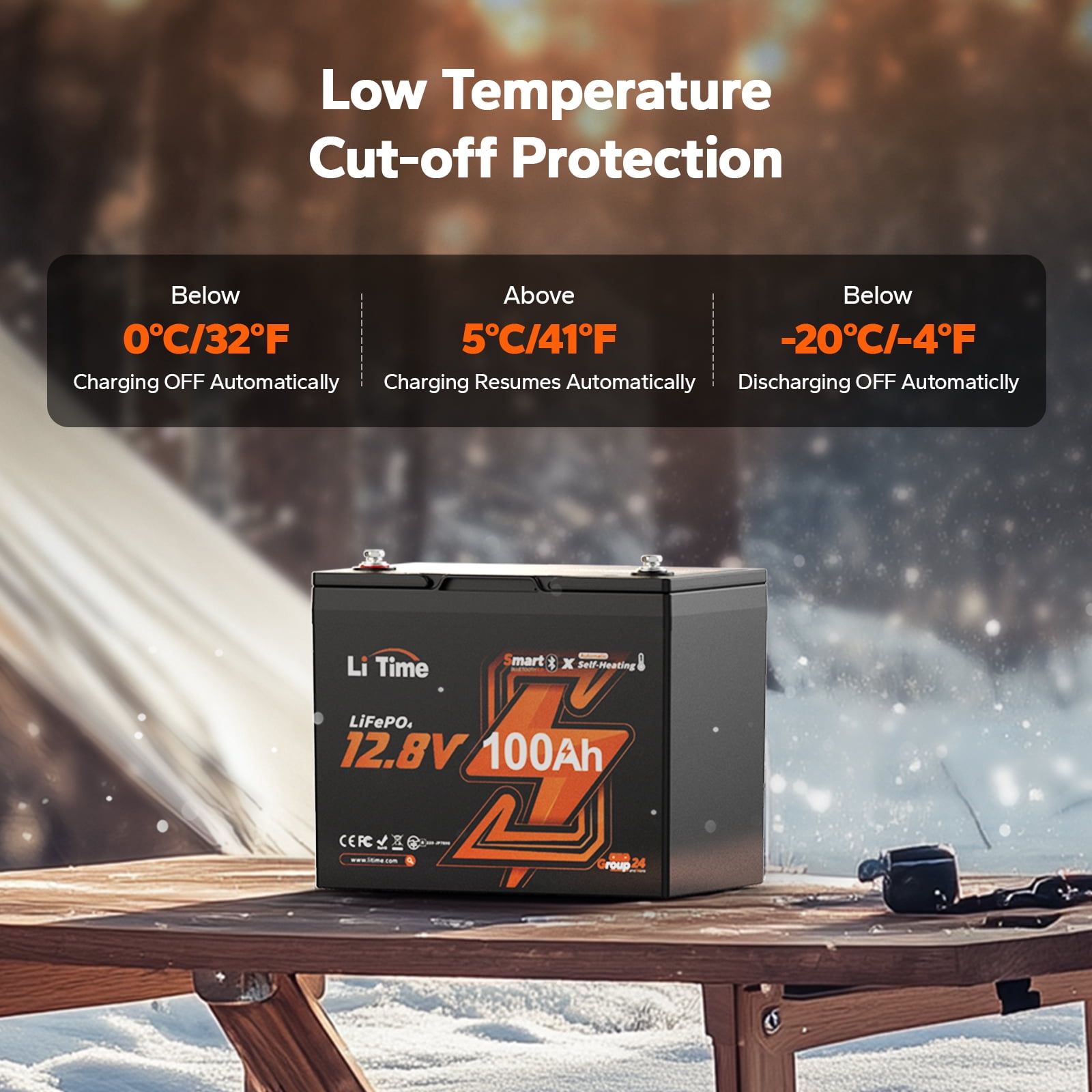 LiTime 12V 100Ah Group 24 Bluetooth LiFePO4 Lithium Deep Cycle Battery with Self Heating