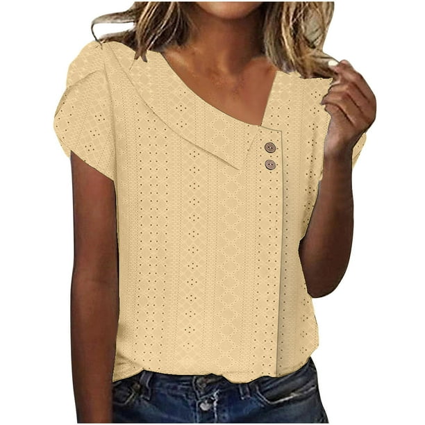 Camiseta de mujer de color liso con cuello en V, botones y mangas con flores, manga corta