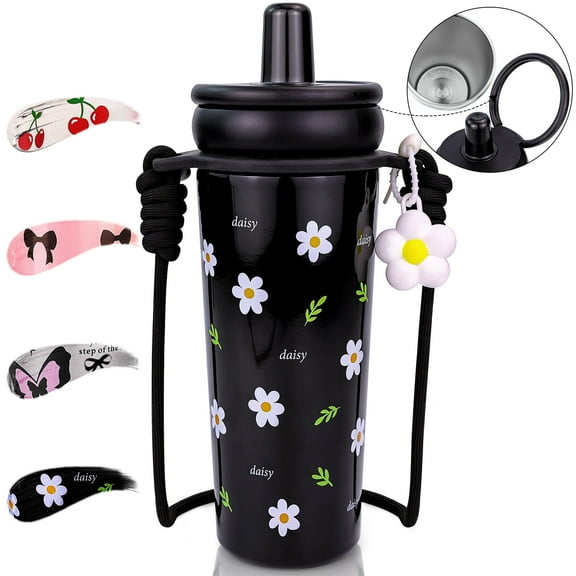 Farcauo 24 OZ Daisy Black Tumbler Insulated Stainless Steel Water Bottle Vacuum Tumbler with Lid Spill Proof Cup for Hot and Cold Drink Leak Proof Travel Mug with Straw For Women Mother