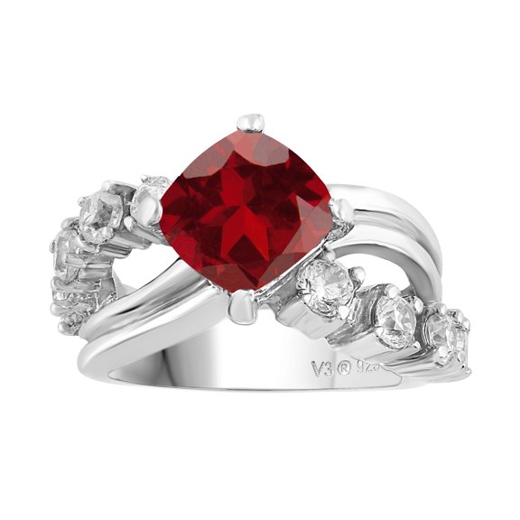 Sterling Silver with Natural Garnet and White Topaz Halo Ring