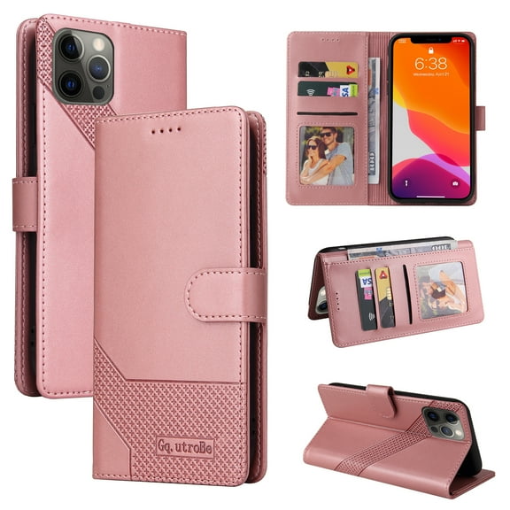 Wallet Case Compatible with iPhone 12 Pro/12 (6.1 inch), Luxury ID Cash Credit Card Slots Holder Carrying Pouch Folio Flip PU Leather Cover [Magnetic Hard Case] for iPhone 12 Pro/12 (Rosegold)