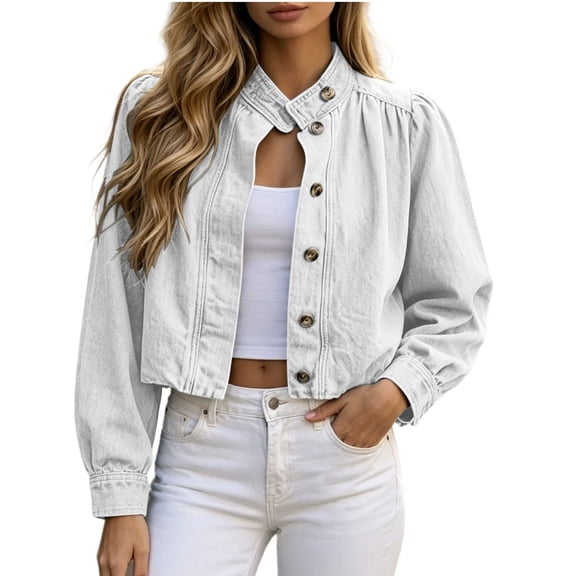 Edvintorg Womens Jean Jacket Fashion Long Sleeve Ruffle Loose Casual Open Front Cropped Denim Coat Plus Size Women's Clothes S-2XL White
