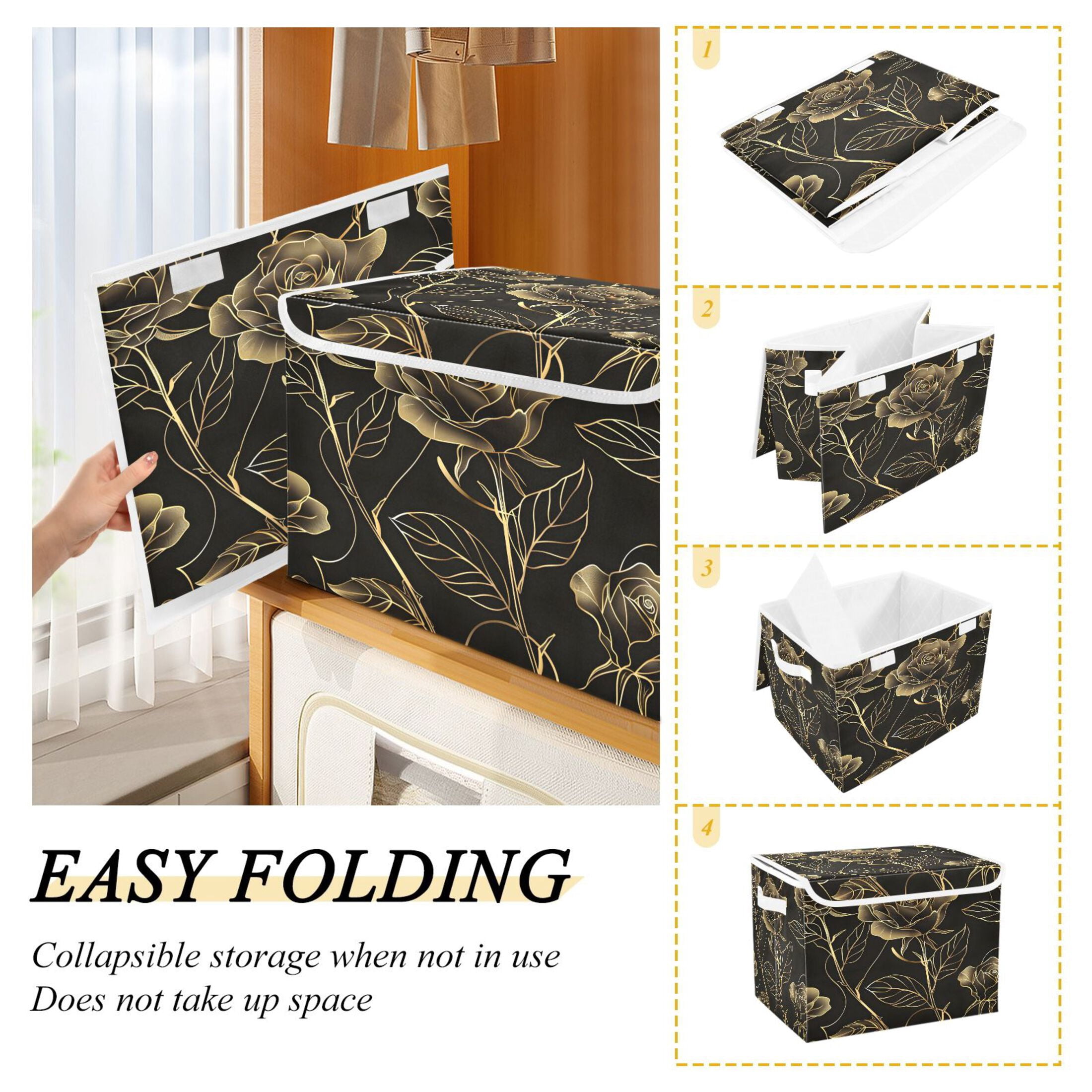 Ryvnso Botanical Elegant Rose Flower Large Lidded Foldable Storage Baskets Cubes Boxes Lids Bin for Home