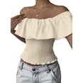 thumbnail image 2 of Women'S Off the Shoulder Blouse Ruffle Short Sleeve Smocked Going Out Crop Tops Apricot S, 2 of 9