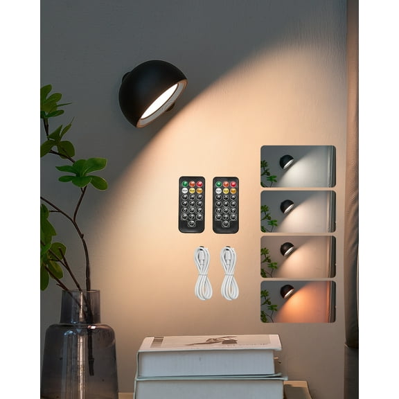 VEVOR 2PCS LED Wall Sconces, Rechargeable Battery Operated Wall Sconces Lamps with Remote Control, 360° Rotation Dimmable Wireless Wall Lights with Adjustable Color Temps, Brightness & 4-Level Timer