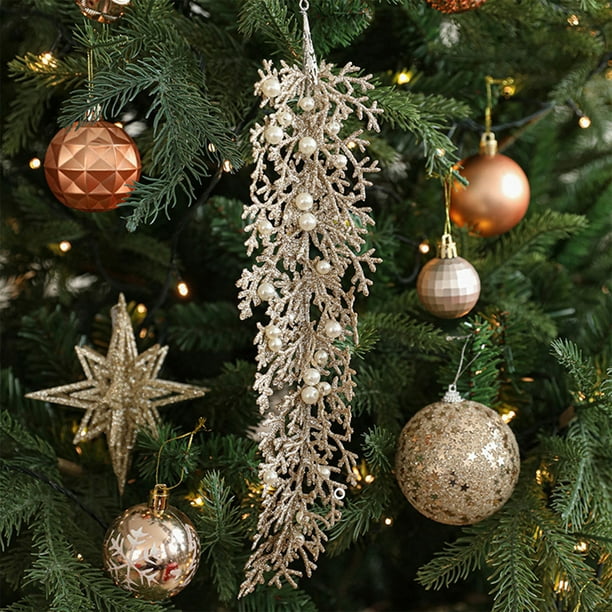 Seyotauo Glitter Christmas Leaves Garland | Powdered Pearl Cypress Tree Ornaments for Winter Festival Decoration | Champagne Pendant Sticky Powder Pearl Plastic Cypress Leaf Christmas Tree Decor