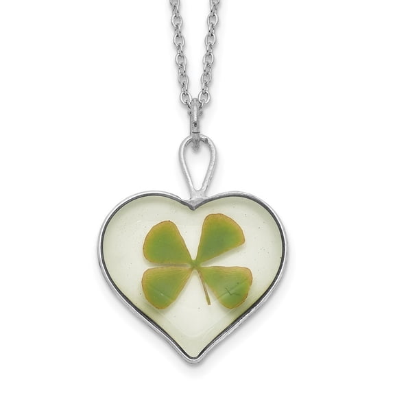 Auriga Fine Jewelry Silver Trim Real Four Leaf Clover in Heart Silver -plated Chain Necklace for Women 20"