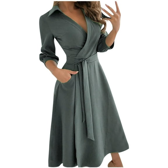 Viikei Plus Size Short Sleeve Dress for Women Loose Bandage Half Sleeve Solid V-Neck Dress