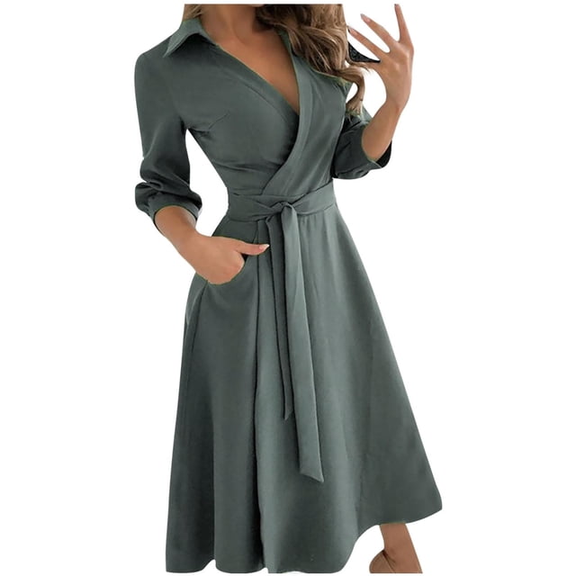 Pompotops Robe Décontractée Ample à Manches Mi-Longues Col en V Longueur Cheville pour Femmes