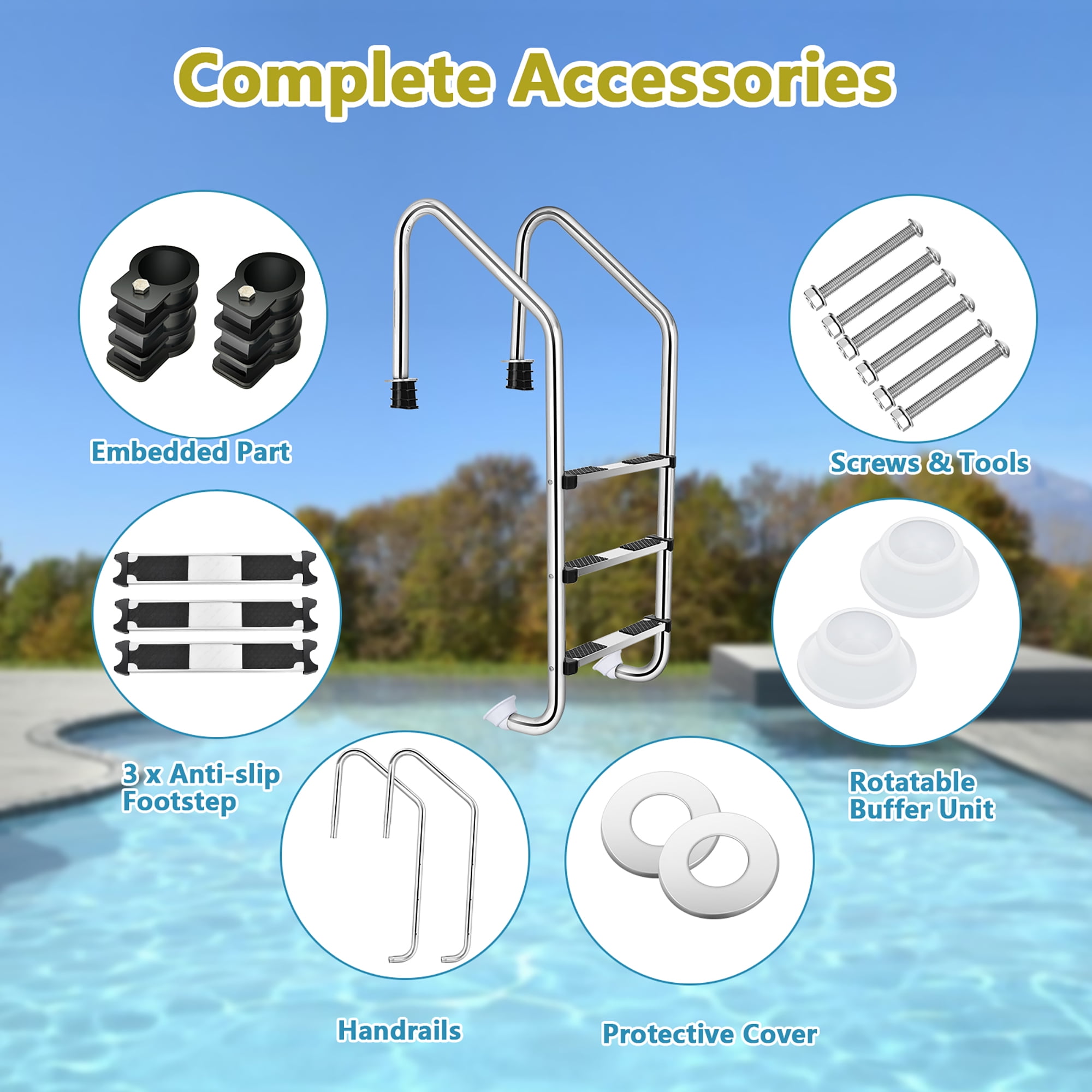 Costway 57.8" Stainless Steel Anti-Slip 3 Step Pool Ladder for In-Ground Pools