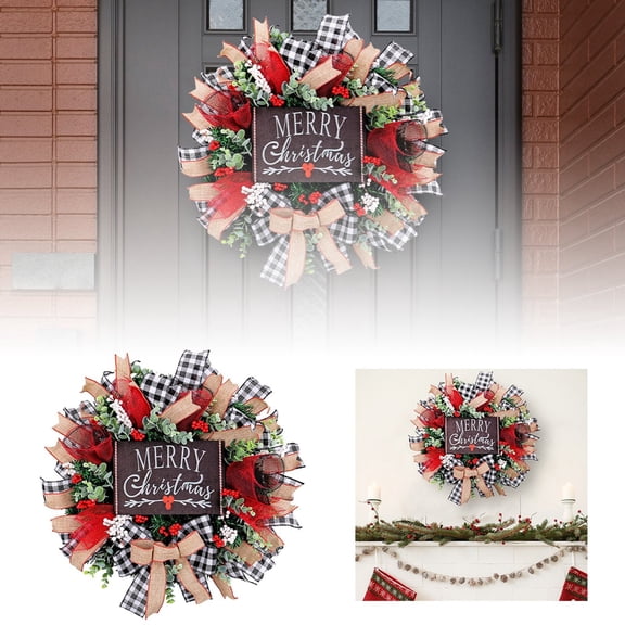 18 Inch Winter Wreath for Front Door with Snowman & Wooden Board, Black White Grid Mesh Christmas Wreath - Outdoor Indoor Artificial Door Hanging Ornament Decor