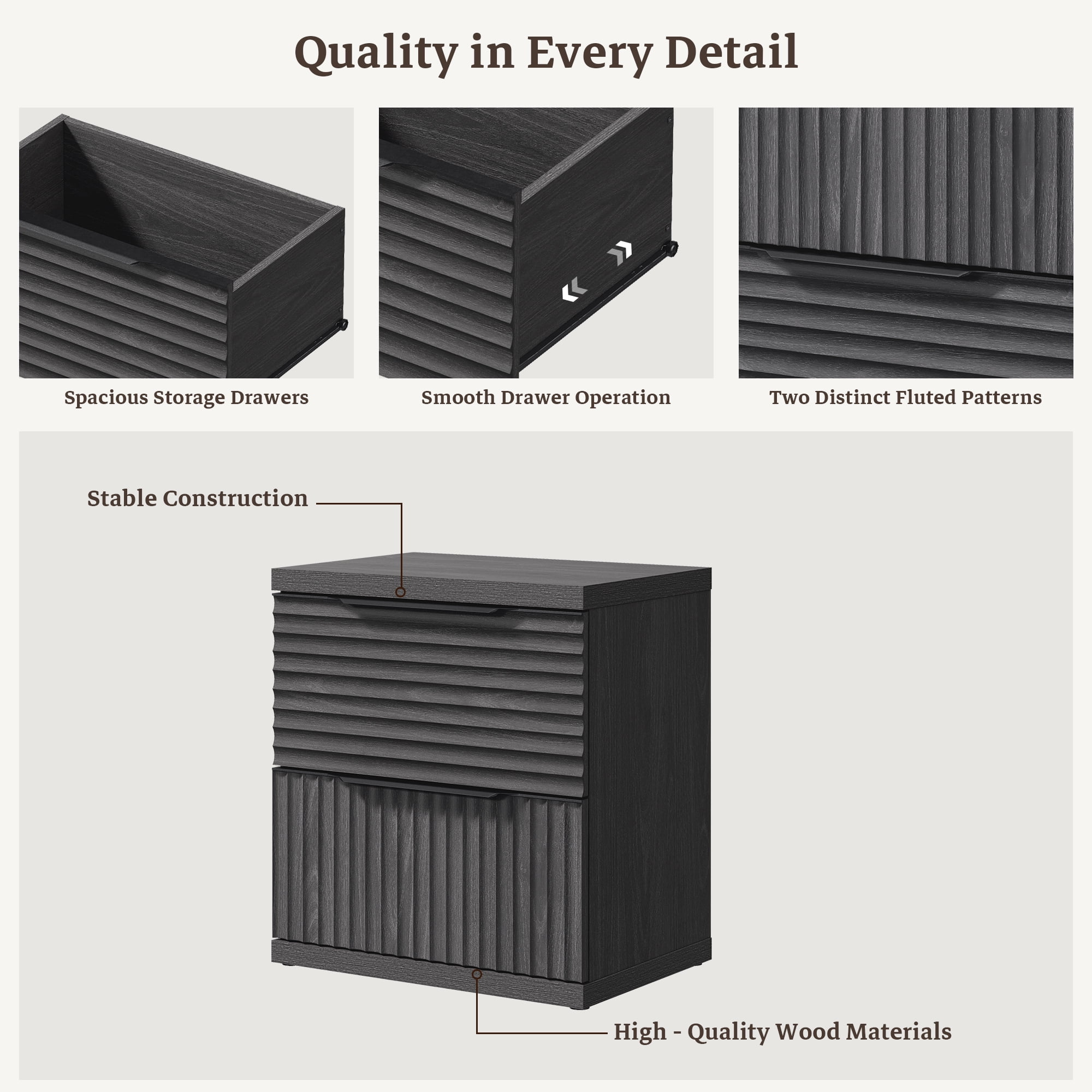 SICOTAS Fluted 2 Drawer Nightstands for Bedroom, Modern Wooden Bedside Tables with Drawers & Black Handles, Black