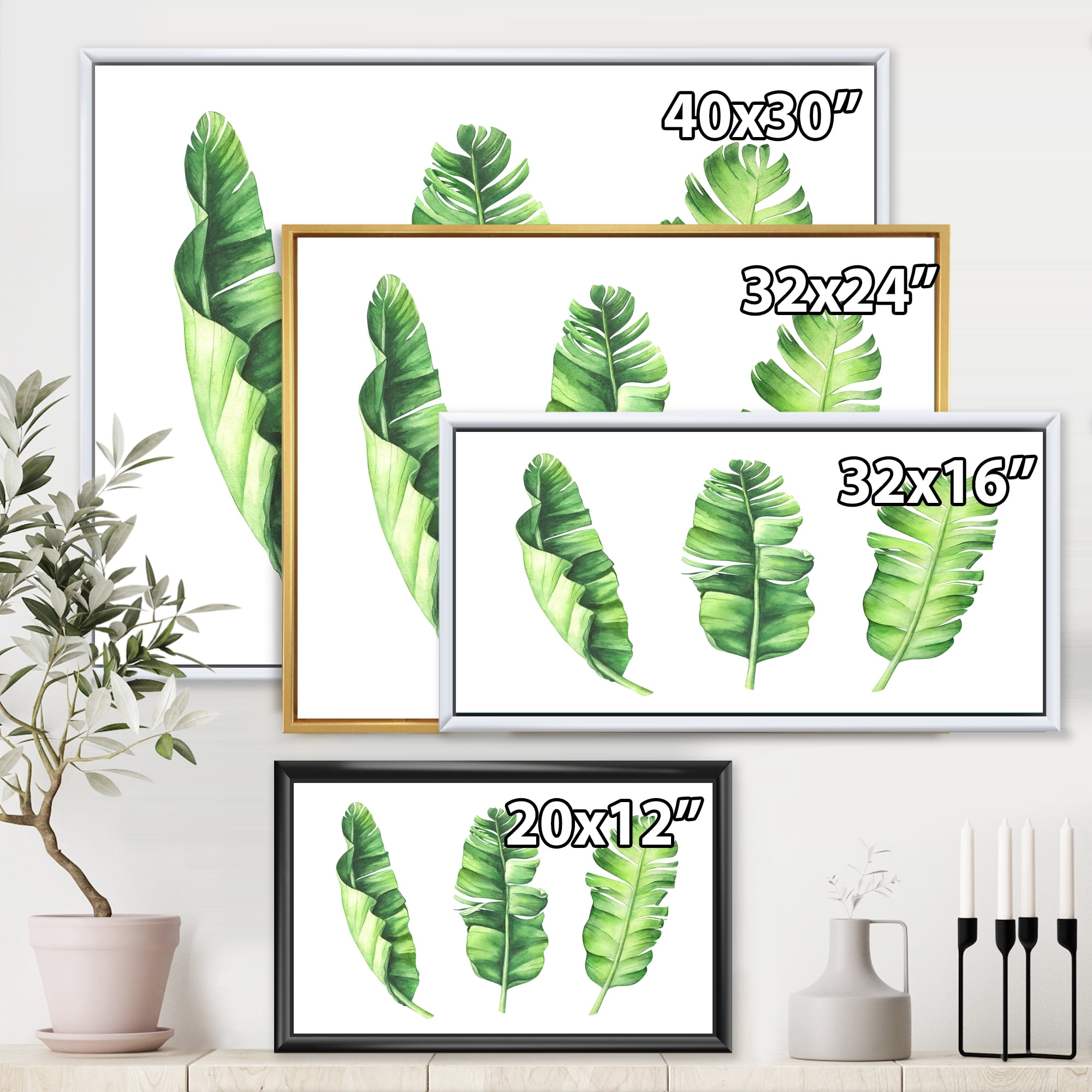 Designart 'Tropical Banana Leaves Set On White' Farmhouse Framed Canvas Wall Art Print