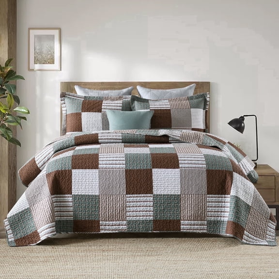DUOHONG 100% Cotton Quilt Queen Size-90x98 Farmhouse Lightweight Plaid Patchwork Quilt Bedding Set, Reversible Brown Green White Quilted Bedspread Comforter, 3 Pieces