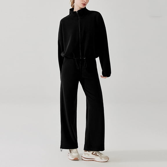 Frostluinai Velour Sweatsuits for Women Mock Full Zip Sweatshirts Elastic Waist Wide Leg Pants Solid Lounge Tracksuits Running Sets 2 Piece