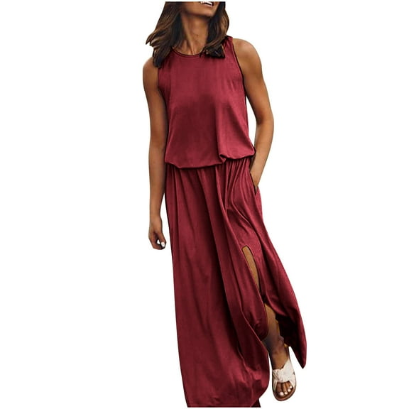 Tumotour Summer Dress for Women Sleeveless Round Neck Maxi Dresses Solid Color Fork Opening Casual Loose Long Dresses