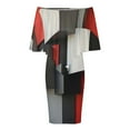 thumbnail image 5 of Beige And Black And Red Squares Women's Off The Shoulder Ruffles Summer Wedding Guest Loose Casual Party Beach Dress, 5 of 9