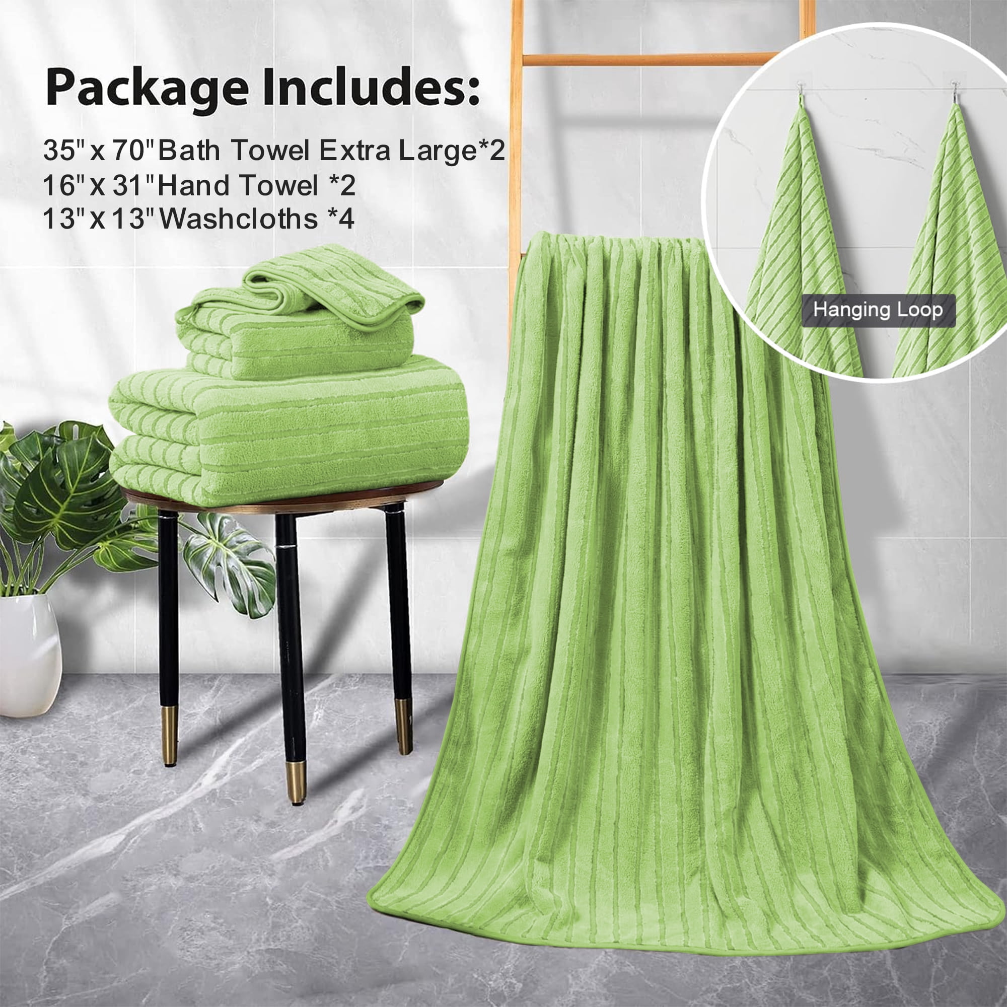 Jessy Home 8 Pcs Apple Green Bicolor bar Stripe Large Bath Towels Set 2 Oversized Bathroom Towels, 2 Hand Towels, 4 Washcloths