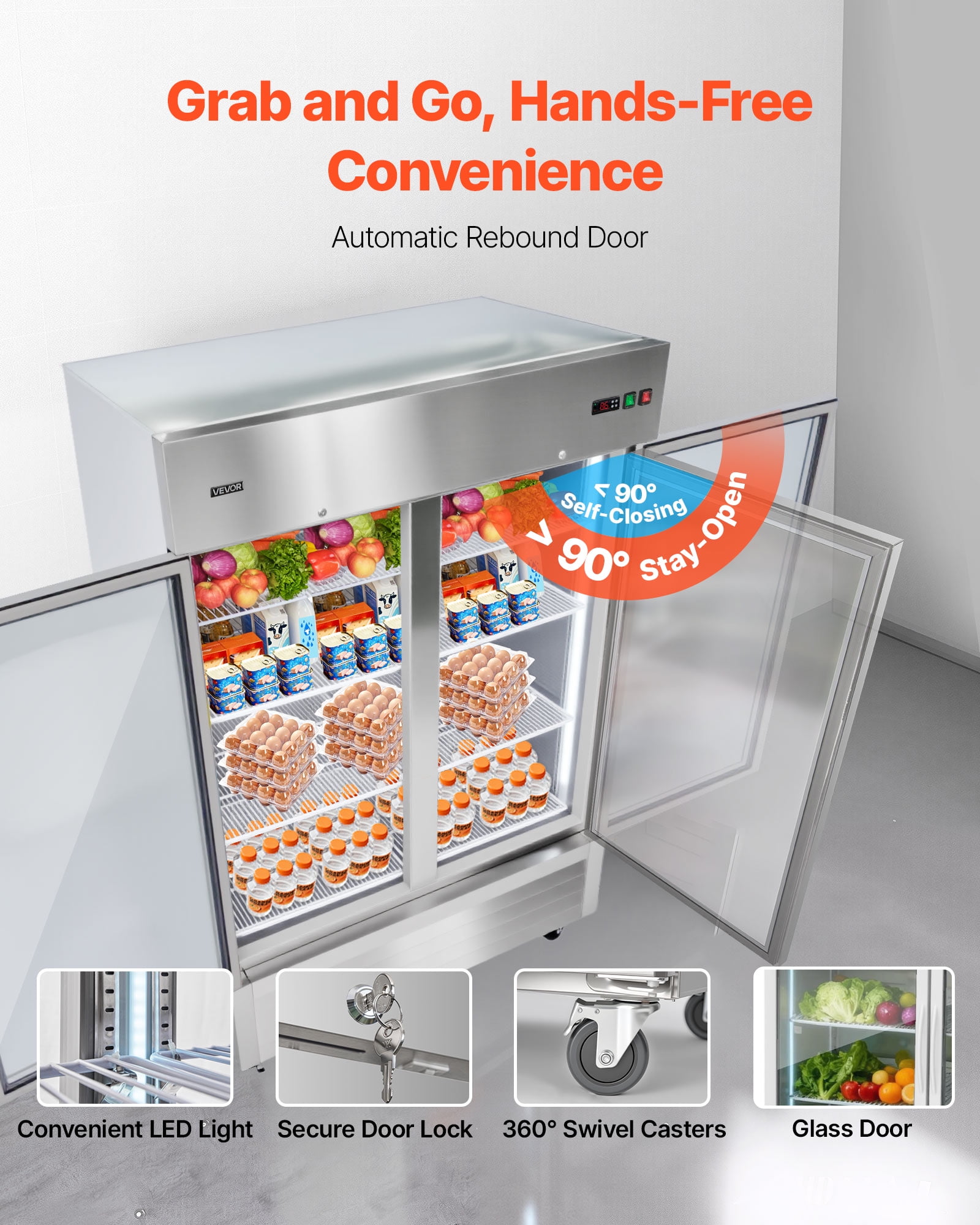 VEVOR Commercial Reach-In Refrigerator 54" W, 44 Cu.Ft Stainless Steel Upright Refrigerator with Double Glass Doors, Auto-Defrost, 8 Adjustable Shelves, 32 to 50℉ Temp Control, ETL Certified