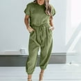 thumbnail image 2 of REORIAFEE Two Piece Outfits for Women Summer Lounge Tracksuits 90s Themed Party Outfits Women's Two Piece Cotton Linen Short Sleeve Round Neck Tops Pants Set Green S, 2 of 7