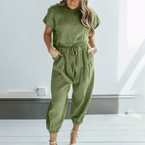 Tbopshirt Women's 2 Piece Outfits Women's Two Piece Solid Cotton Linen Short Sleeve Round Neck Open Back Tops and Pants Set Wide Leg Pants