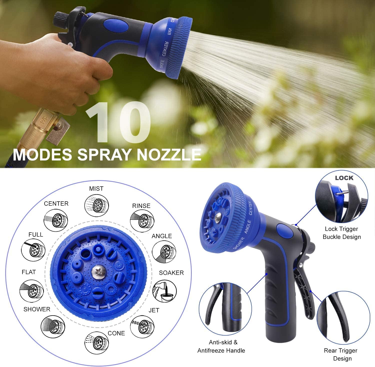 2024 Upgrade 50ft Expandable Garden Hose,Flexible Water Hose with 10 Function Spray Nozzle, Extra Strength 3750D,Car Wash Hose with 3/4" Solid Brass Connector Blue