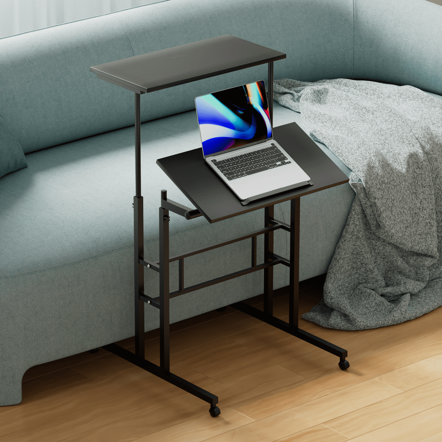 MoNiBloom Mobile Computer Desk with Tilting Table, Adjustable Small Standing Desk with Monitor Shelf for Standing or Sitting, Black