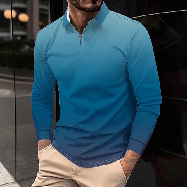 Blusa y camisa de manga larga con cuello vuelto para hombre, informal, con cuello vuelto, estampado, para fitness, deportiva, de manga larga, de poliéster