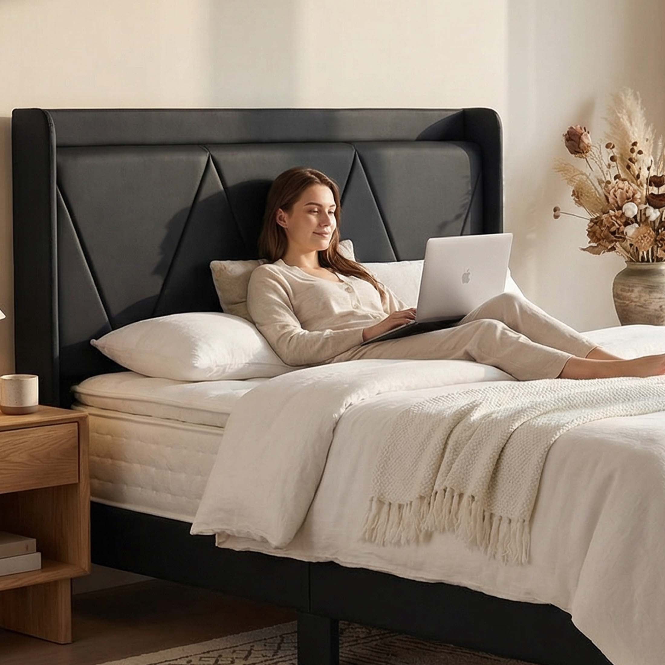 edx Full Bed Frame with Charging Station & Wingback Upholstered Headboard, Platform Bed with Storage & Solid Wood Support, No Box Spring, Black
