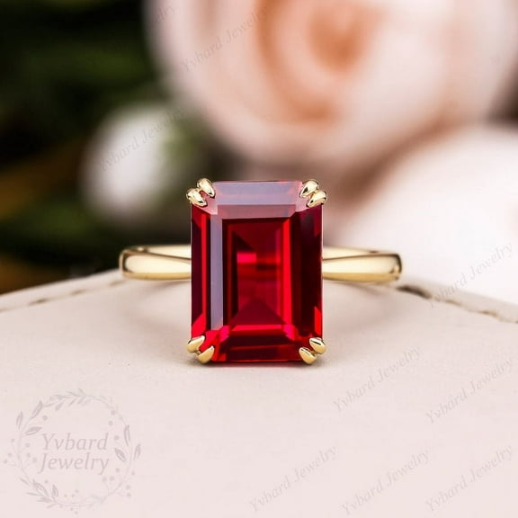 925 Silver Emerald Cut Lab Created Ruby Solitaire Ring Yellow Gold Plating Minimalist Ring Statement Art Deco Jewelry July Birthstone Anniversary Gift for Her