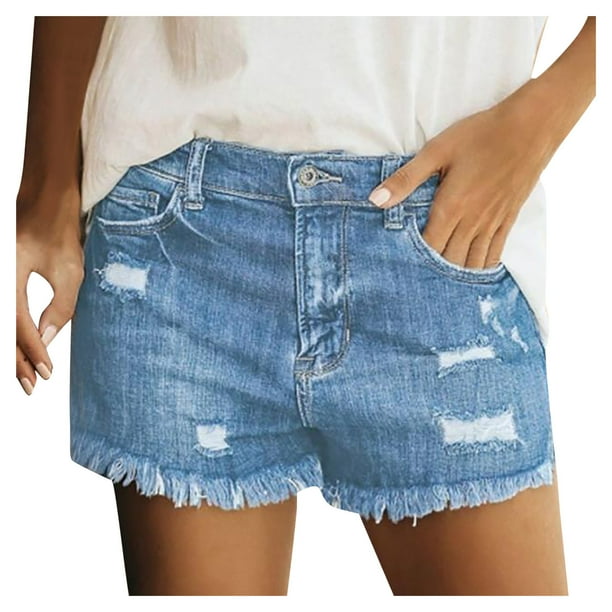 Pantalones cortos vaqueros sexy de cintura alta para mujer: diseño desgastado, mezcla de algodón, corte ajustado, pantalones informales de verano, tabla de tallas de EE. UU./UE