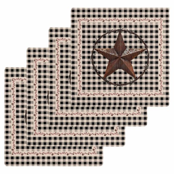 Farm Plaid Kitchen Dish Towels for Drying Dishes Set of 4, West Texas Star Rustic Farmhouse Black Brown Waffle Weave Microfiber Hand Tea Bathroom Towels Quick Dry & Absorbent Towel 12x12