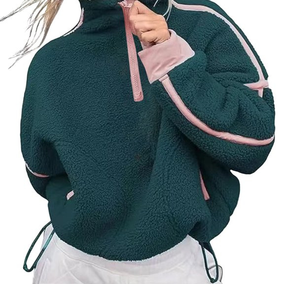 Sweaters For Women Zip Up Long Sleeve Stand Collar No Hood Color-Block Casual Activewear For Daily & Outdoor Use L Womens Sweaters