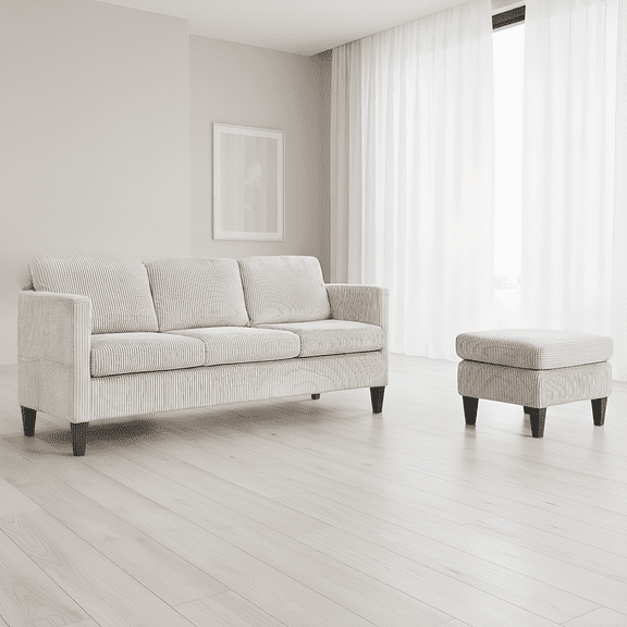 Xukmct Corduroy Sofa Couch with Ottoman, 3 Seat Loveseat Sofa for Living Rooms, Apartment, Office, White