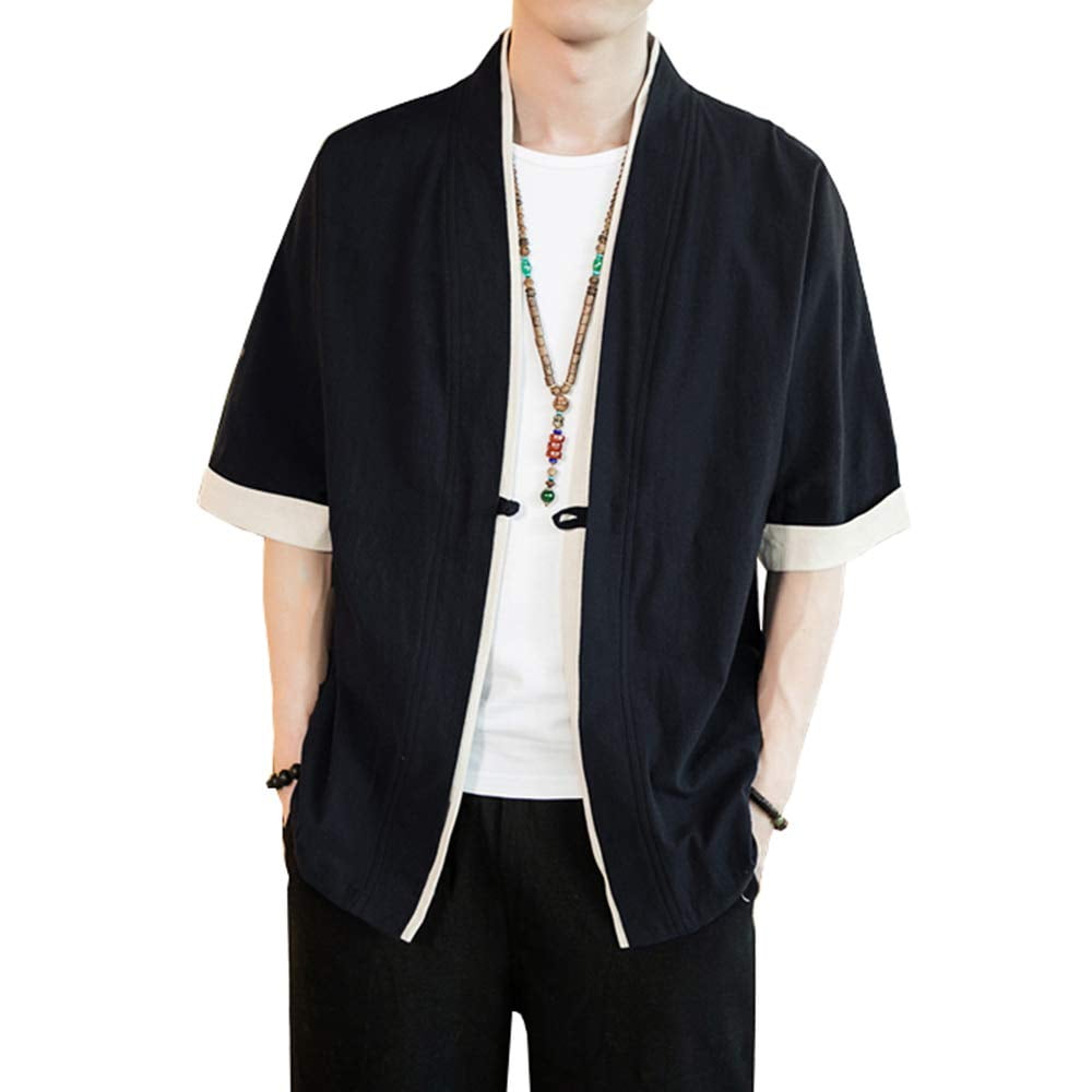 HAORUN Men Japanese Short Sleeve Kimono Cardigan Yukat Coat Loose Cardigan Jacket Black, XL