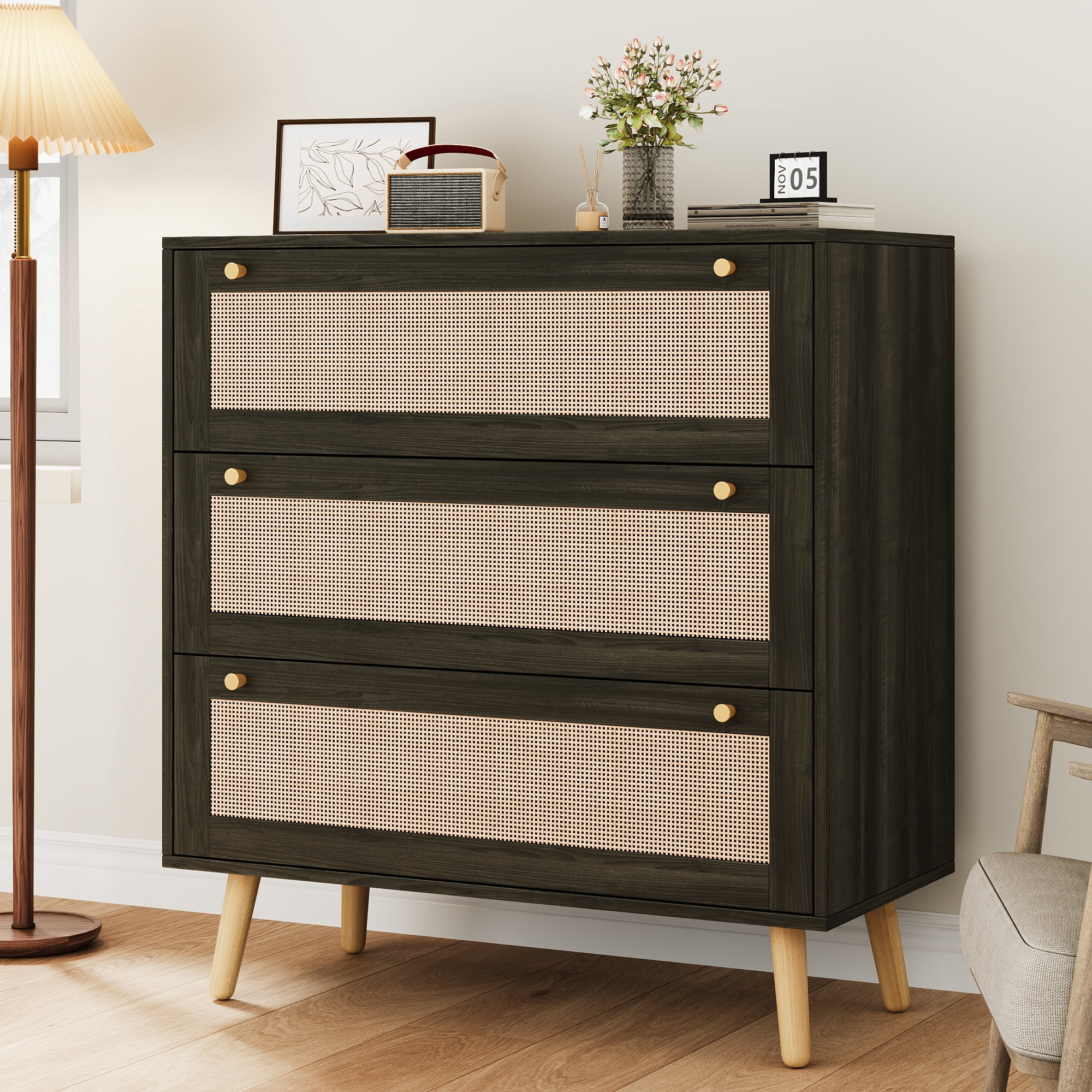 Dresser for Bedroom, 36'' Rattan Modern Chest of Drawers, 3 Drawer Storage Dresser, Closet Dressers with Golden Handles, Farmhouse Nightstand for Hallway, Living Room, Entryway