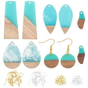 1Box Earring Making Kits Including Resin & Walnut Wood Pendants Brass Earring Hooks Brass Jump Rings Mixed Shapes Cyan 23x9x3mm Hole: 1.8mm