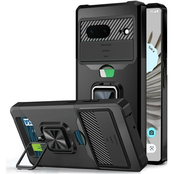 Military Grade All-In-One Ring Stand Card Case for Google Pixel 8 - Black