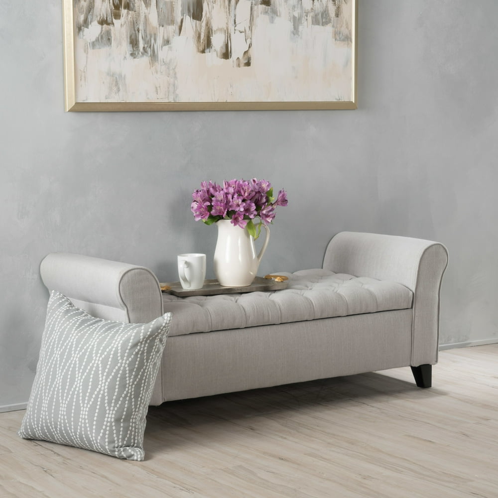 Lamara Contemporary Rolled Arm Fabric Storage Ottoman Bench, Light Gray and Dark Brown - Walmart 