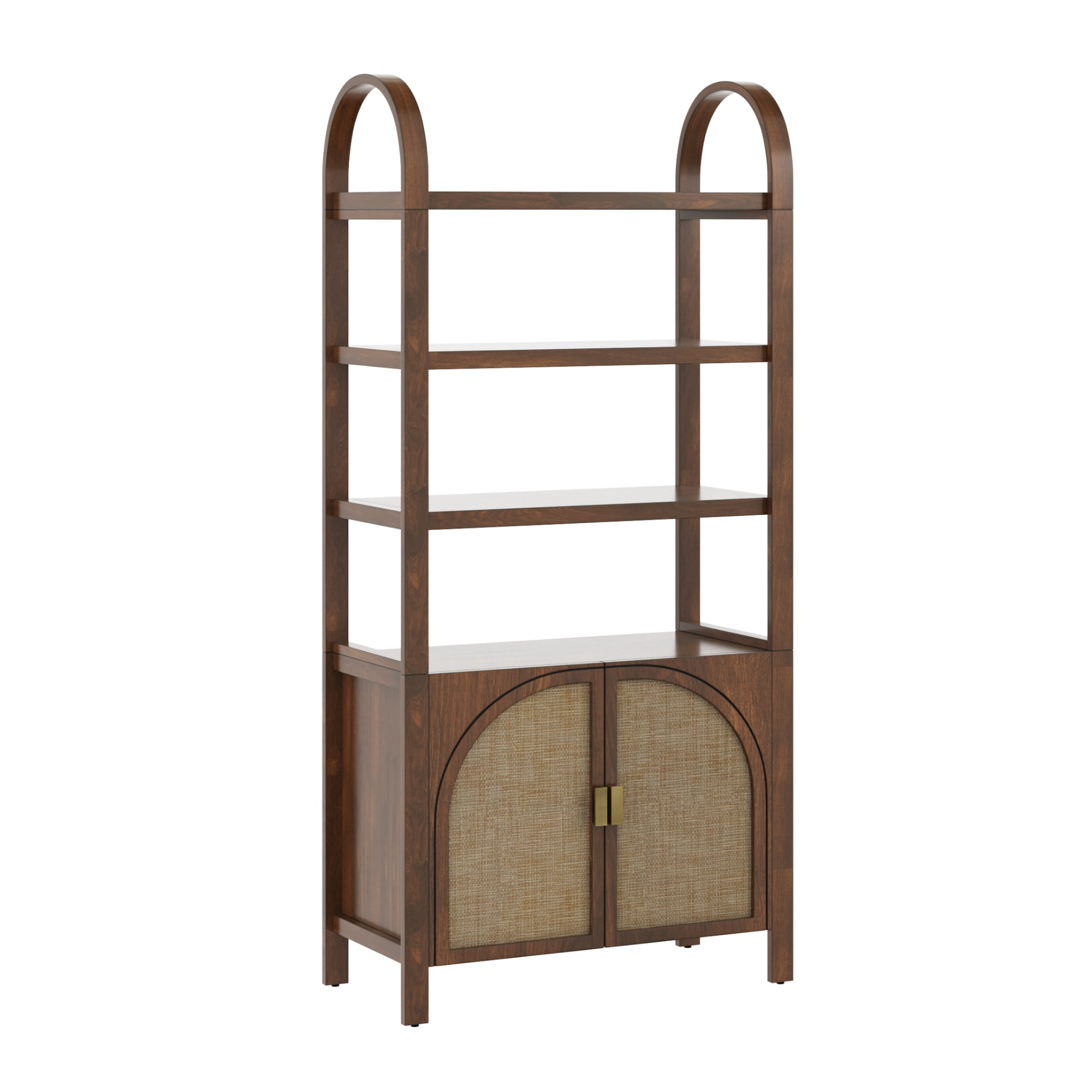 Nathan James Paxton Boho Bookshelf Cabinet with Solid Wood Frame Rattan Bookshelf with Cabinet Base, Arched Bookcase Cabinet for Living Room or Home Office, Dark Acacia
