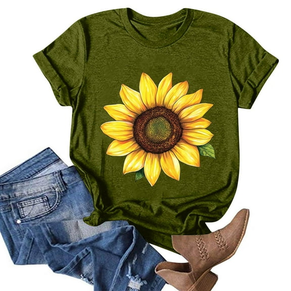 NAMTYQX Floral Tops for Women Light Short Sleeve Plus Size Patterns Soft Gemustert Trendy Boxy Fit Round Neck Womens Tops Casual Army Green Size L