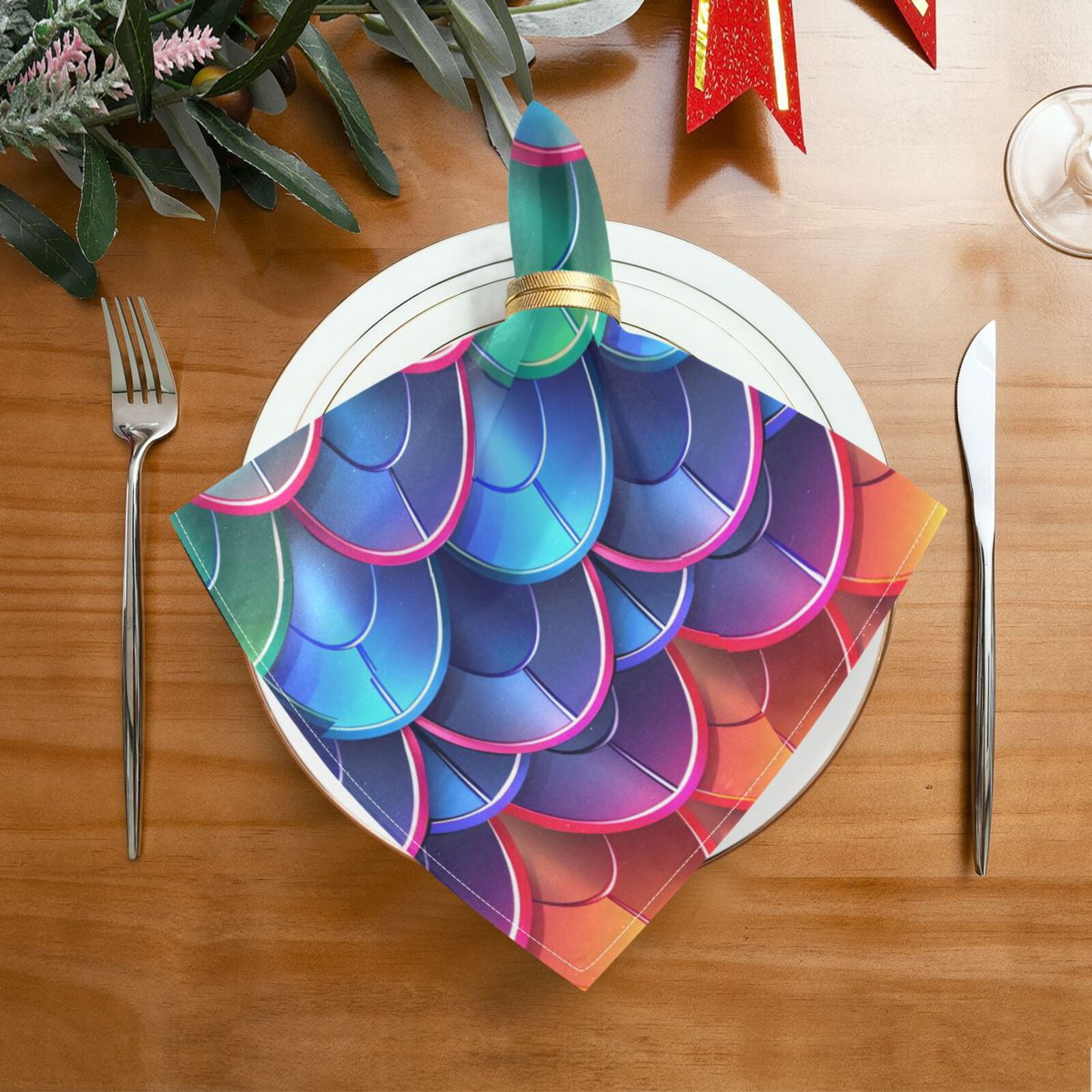JSTEL Mermaid Print Rainbow Color Cloth Napkins Set of 6, 20x20 Inch Washable and Reusable Napkin for Decoupage Dinner Party Everyday Use